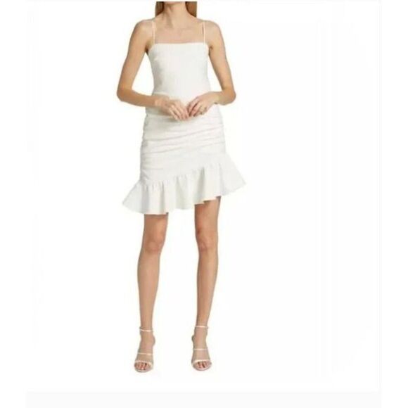 Cinq A Sept Womens Lilith Mini Dress Ruched Ruffle Strappy Sz 8 Ivory NWT $395 - Picture 1 of 7